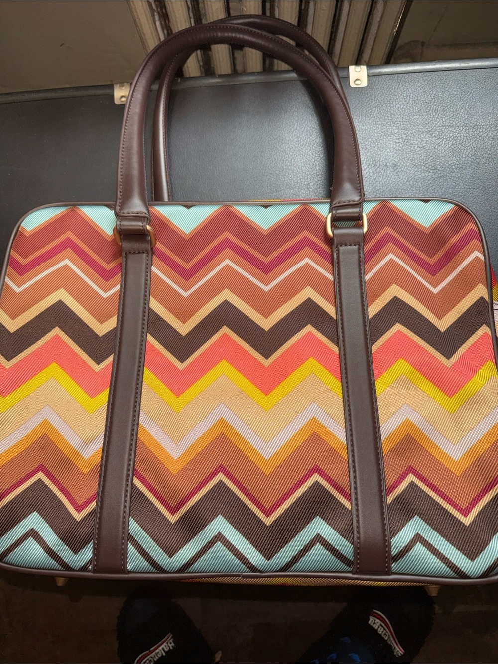 Chevron Pattern Brown Leather-Trim Travel Tote - women